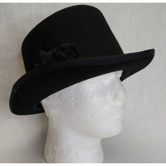 New York Hat Co Top Hat Women's M Wool Felt Classic Black Short Crown Flower Pin - Picture 2 of 16